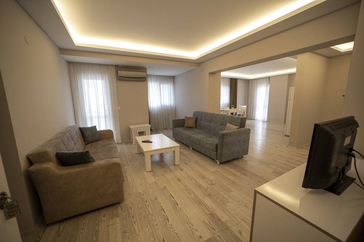 A modern living room with a sofa, a coffee table, and a television.