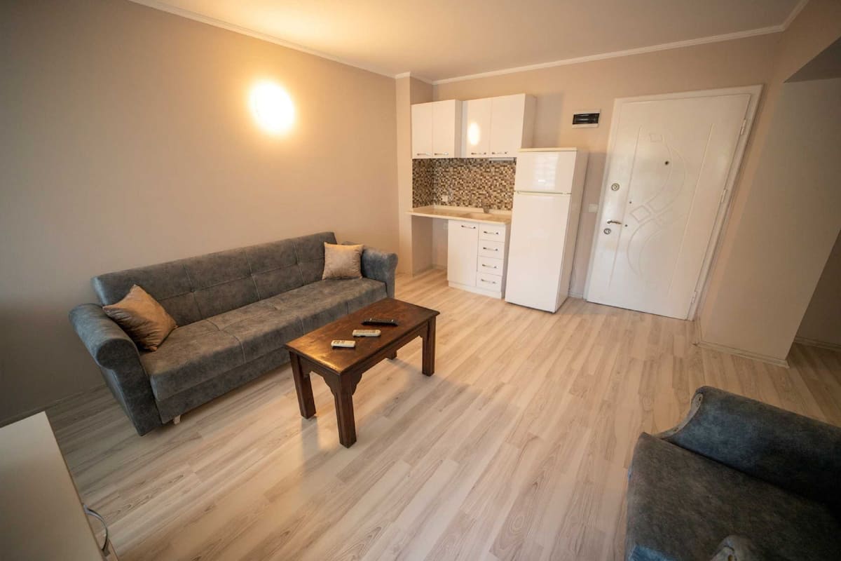 A compact living space with a sofa, a coffee table, a kitchenette, and a door.