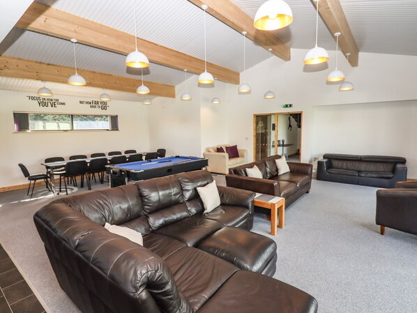 Un grand espace intérieur comprenant une table de billard, des canapés en cuir et tout l’équipement nécessaire pour jouer au billard.