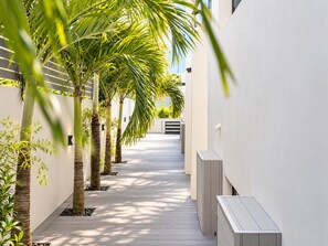 Un étroit sentier bordé de palmiers et de murs blancs, qui mène à un bâtiment doté d’un toit en pente.