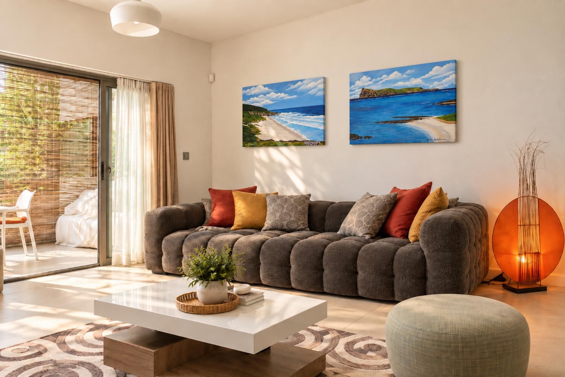 A modern living room with a grey sofa, a white coffee table, and two paintings of coastal scenes.