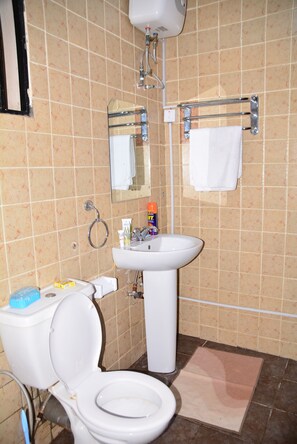 Bathtub, towels, soap, toilet paper