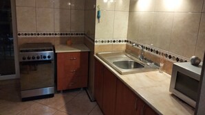 A compact kitchen with a stove, sink, and microwave. - Libertatii 22, old City, central (București)