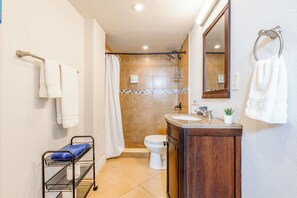 Hair dryer, towels, soap, shampoo