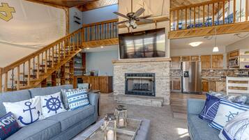 TV, fireplace, foosball