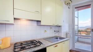 Eine Küche mit Gasherd, Spüle und einem Fenster zur Rechten.