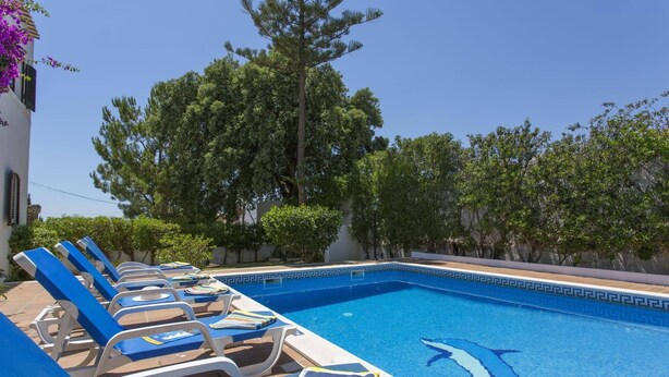 Un área junto a la piscina con sillones de descanso y un mosaico con delfines.