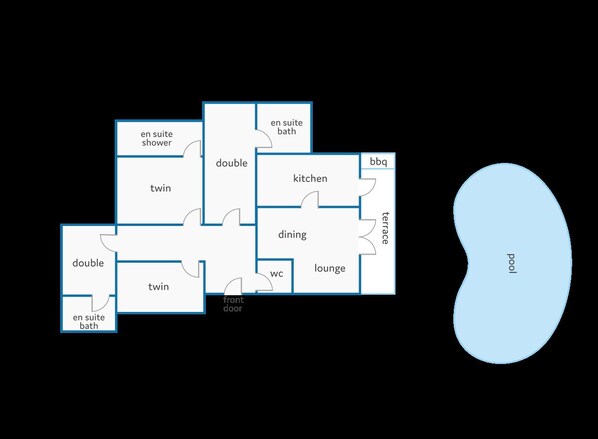 A floor plan of a hotel with twin rooms, a double room, a kitchen, dining area, lounge, and a pool.
