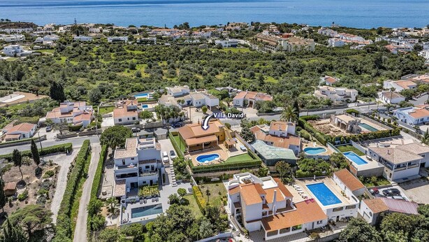 Luchtbeeld van een kustgebied met woonhuizen, een zwembad en een villa genaamd Villa David.