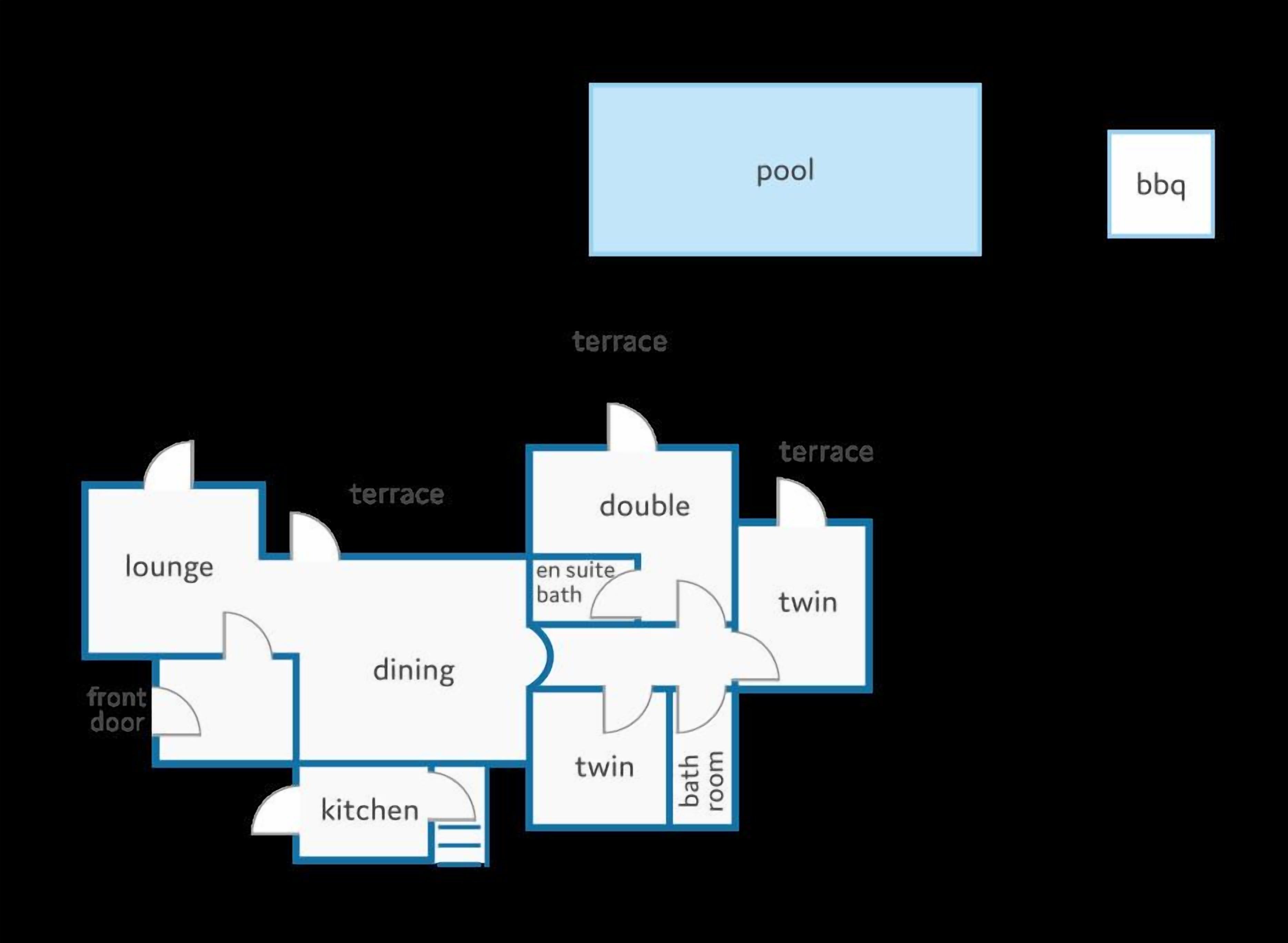 Un hôtel comprenant un salon, une salle à manger, une cuisine, des chambres à deux lits et des chambres doubles, une terrasse et un espace piscine.