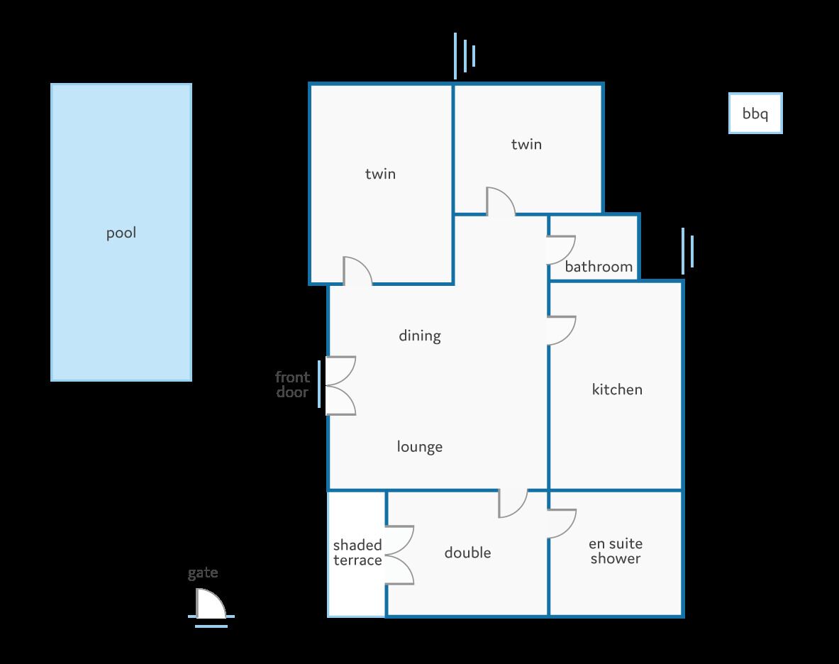 A floor plan with a pool, dining, lounge, kitchen, bathroom, twin rooms, and an en suite shower.