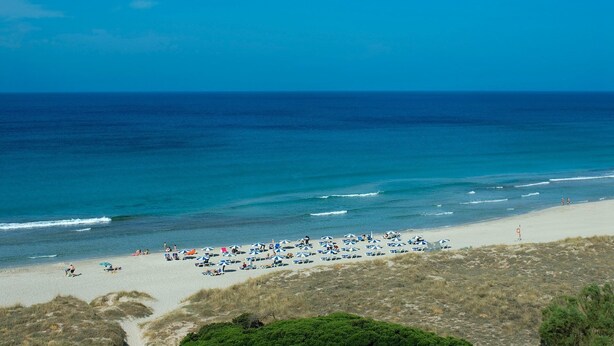Uma praia com pessoas tomando sol e nadando, além de alguns guarda-sóis e cadeiras de praia.