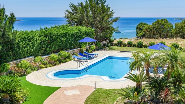 Piscina com design curvo, rodeada por um muro de pedra e vegetação exuberante.