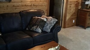 Une pièce chaleureuse avec un canapé en cuir noir, des coussins à motifs et une table basse en bois.