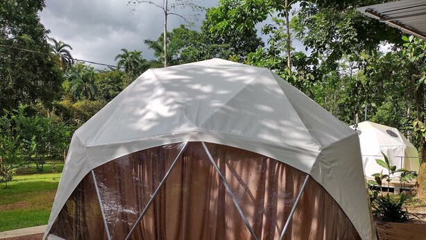 A dome-shaped tent with a white exterior and brown interior curtains, set in a garden with trees and a grassy area. - Escapada a Tortuguero  (Guapiles)