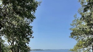 A grassy area with trees and a view of a lake. - Poco's Retreat                                . (Many)