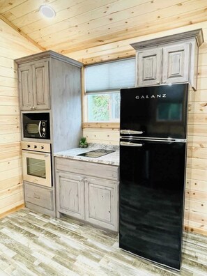 A compact kitchen with wooden walls, a built-in oven, a microwave, a sink, and a black refrigerator. - Buffalo Bungalow Tiny Cabin ~ Close to Yellowstone (Island Park)