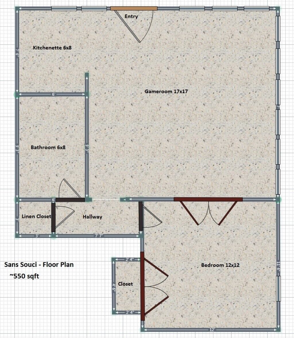 Plano de planta que muestra una cocina, baño, armario de lino, pasillo, entrada y dormitorio.