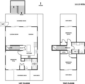 Distribución del primer piso con sala de estar, comedor, cocina y dos dormitorios. El segundo piso incluye una terraza solárium, un área de servicio y un baño con bañera.