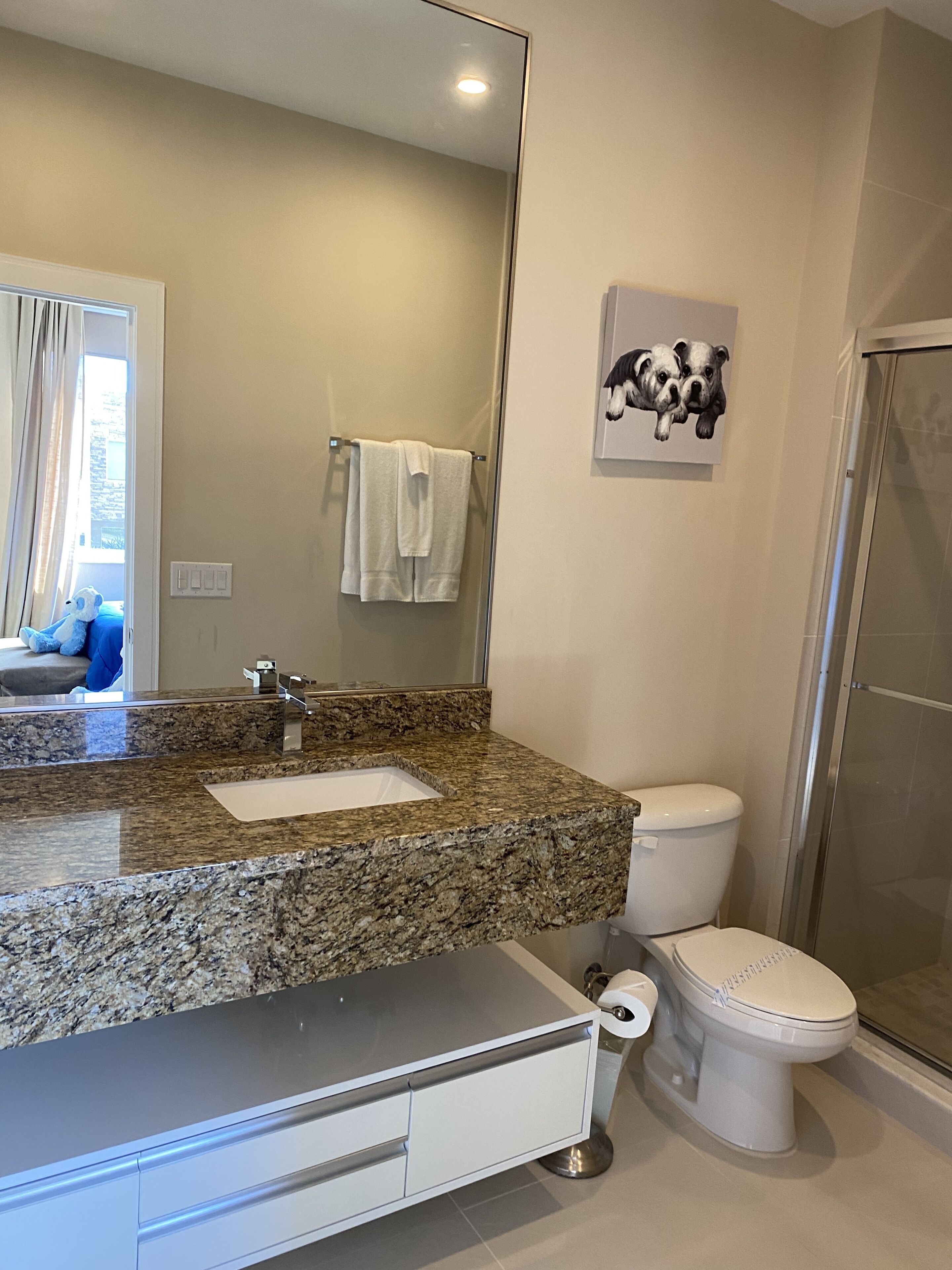 Ein Badezimmer mit Granittischplatte, Toilette und Dusche.