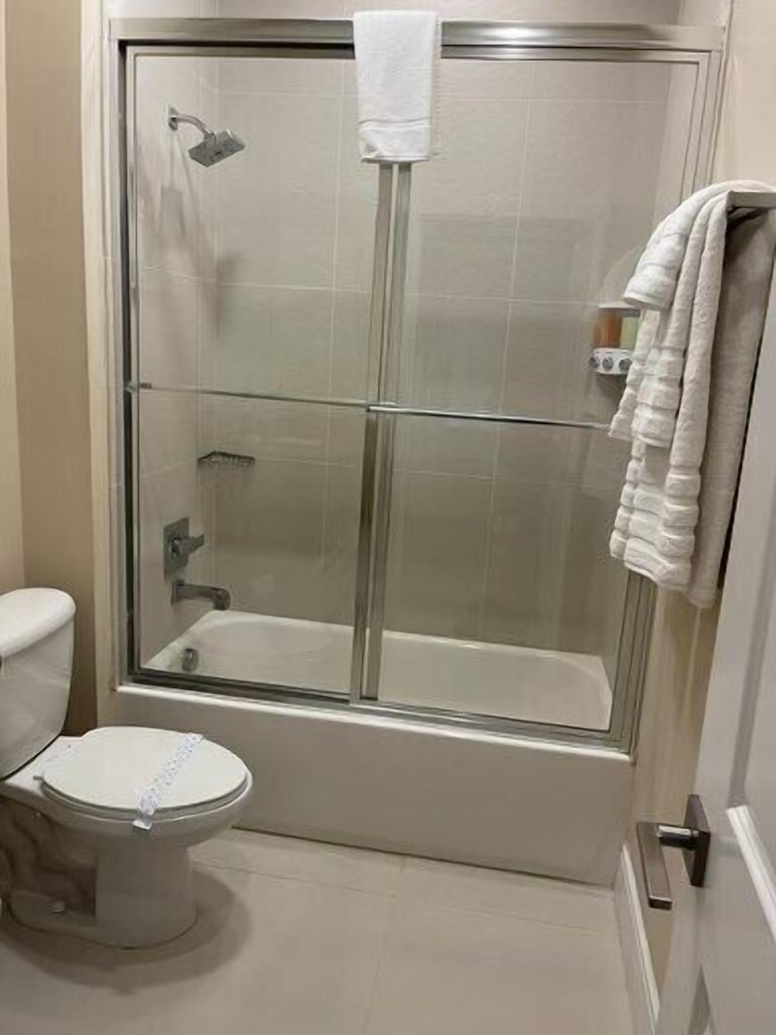 A bathroom with a glass-enclosed shower, a toilet, and a towel rack.