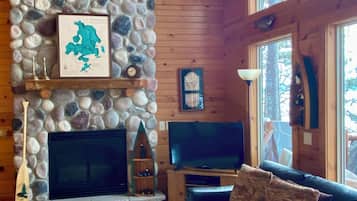 Smart TV, fireplace, DVD player, books