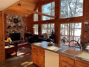 Smart TV, fireplace, DVD player, books