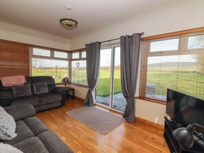 A living room with a sofa, TV, and a view of a green field through large windows. - Moybella Lodge (Lisselton)