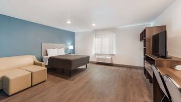 Desk, laptop workspace, free WiFi, bed sheets