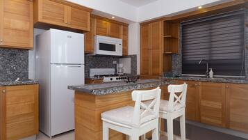 Fridge, microwave, oven, stovetop
