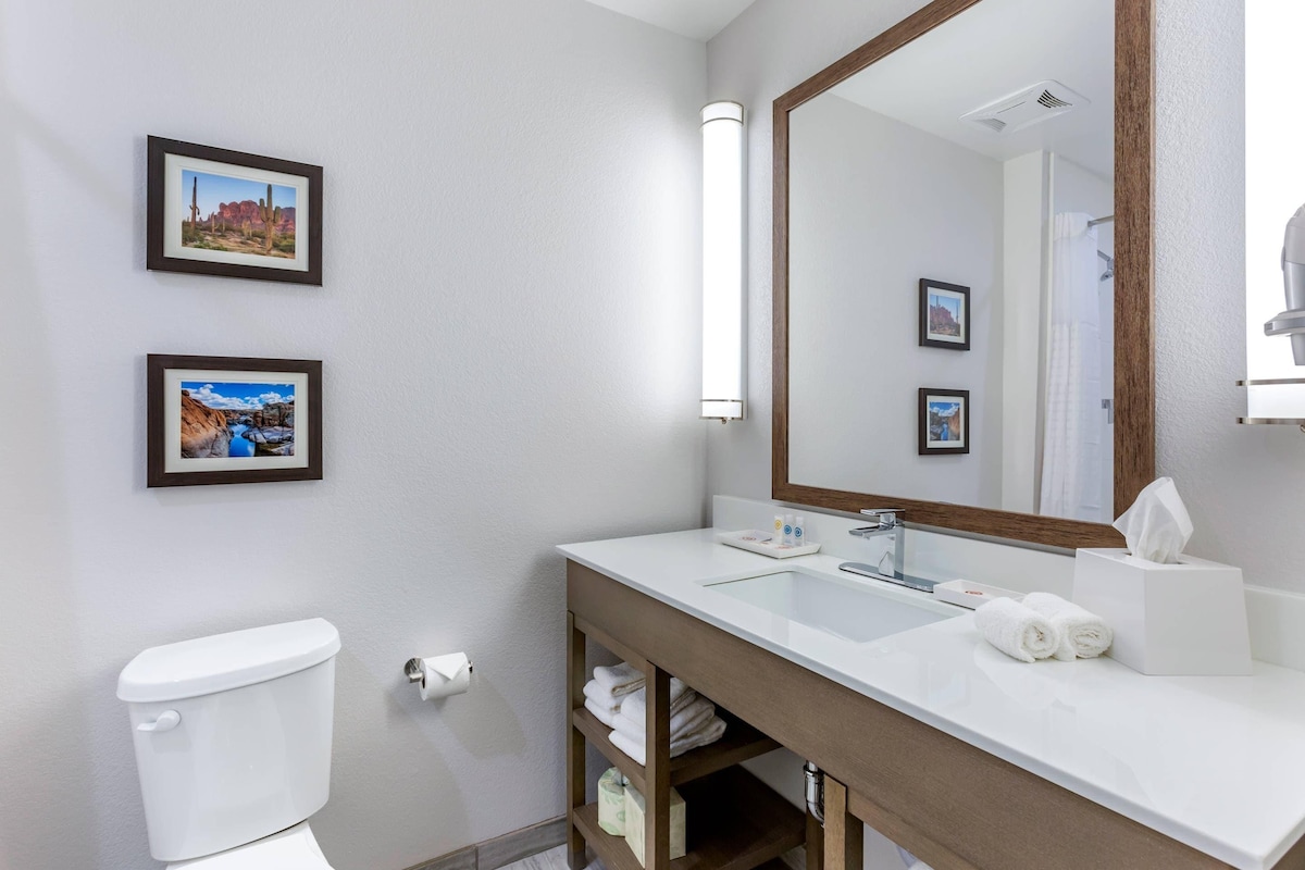 Un baño moderno con inodoro blanco, un espejo grande y dos cuadros en la pared.