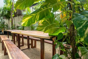 A wooden table and benches in a garden area with large green leaves and plants. - Castillo de Tulum (Tulum)