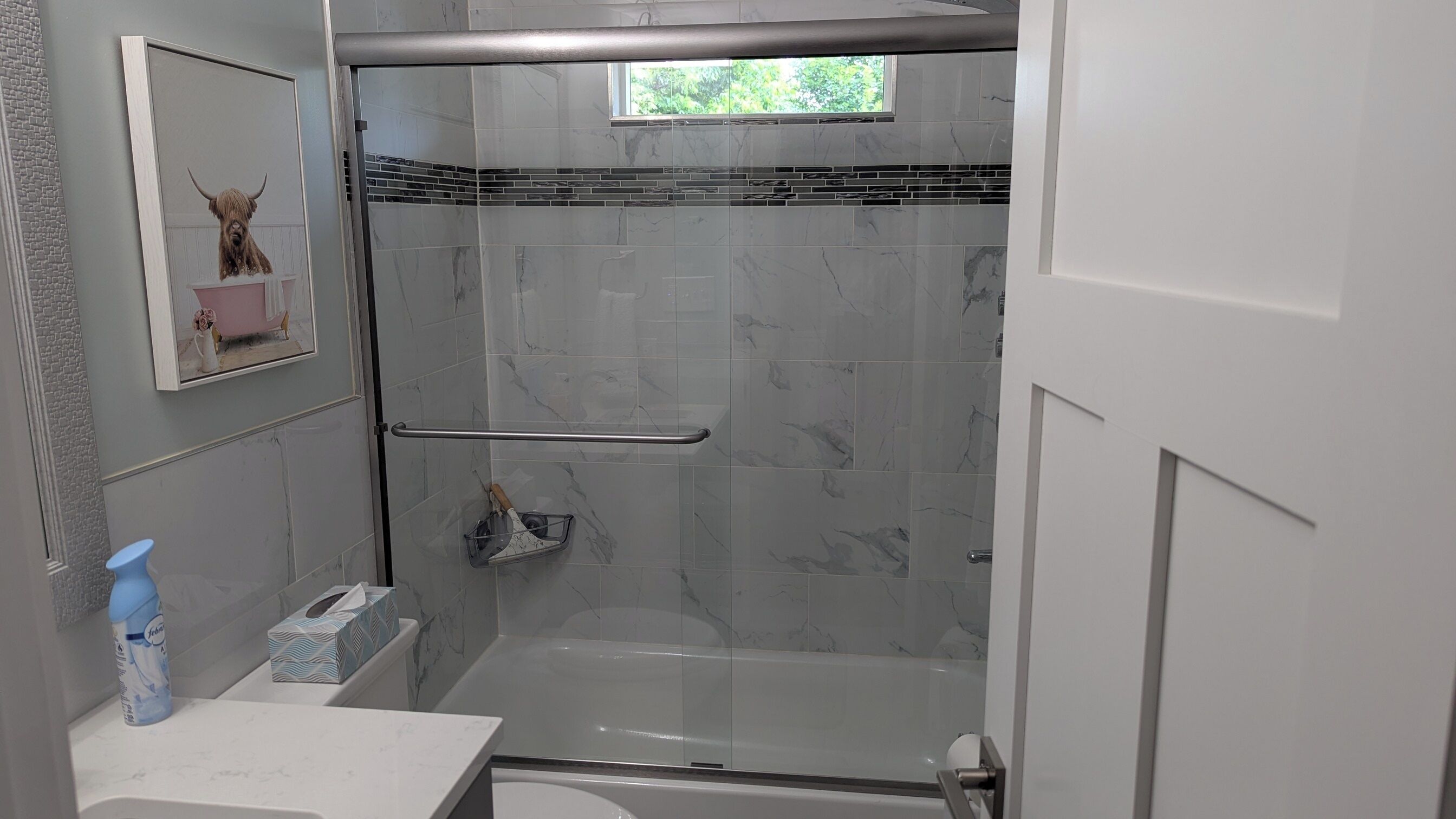 Combined shower/tub, hair dryer, towels, soap