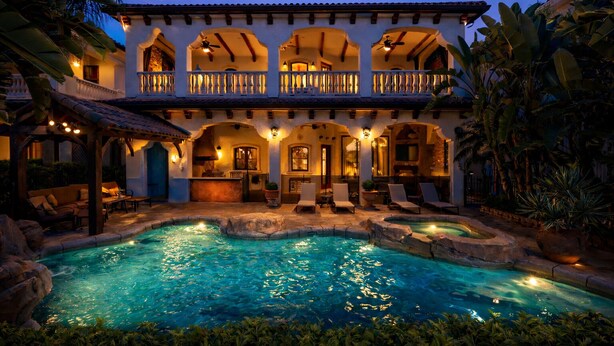 A large house with a swimming pool, outdoor seating, and a covered patio area. - The Spanish Castle | West facing pool, SPA and views of Jack Nicklaus Golf Course (Kissimmee)