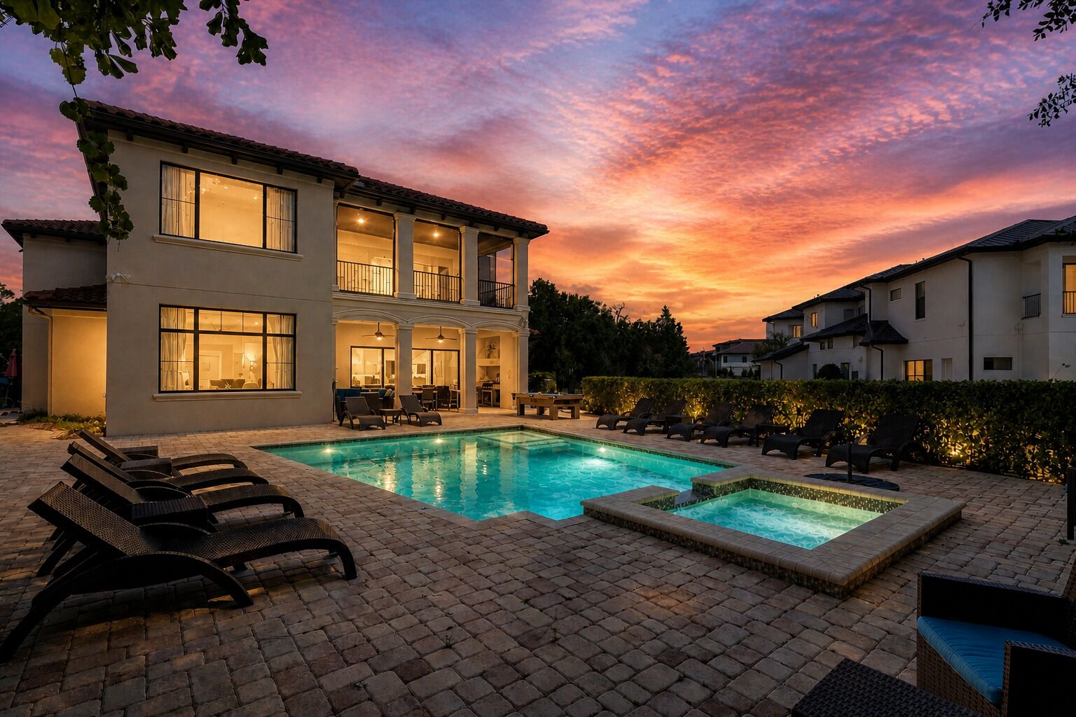 A two-story building with a swimming pool, lounge chairs, and a patio area.