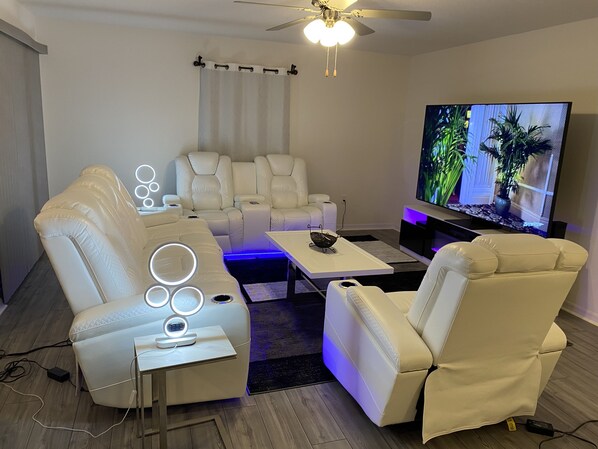 Smart TV, fireplace, DVD player, books