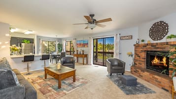 Smart TV, fireplace, books