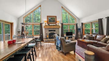 Smart TV, fireplace, DVD player, books