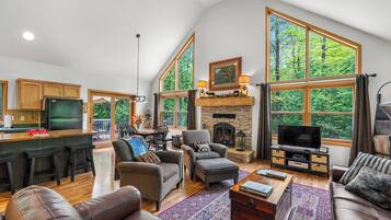 Smart TV, fireplace, DVD player, books