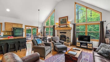 Smart TV, fireplace, DVD player, books