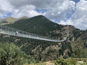 Un puente colgante sobre una montaña boscosa.
