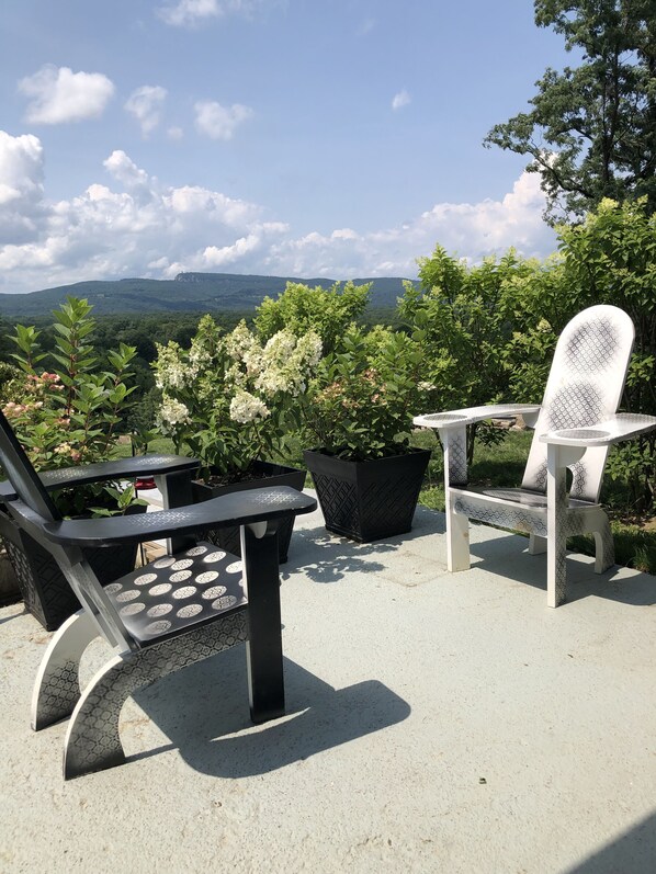 A patio area with outdoor furniture, including a black and white chair and a small table, surrounded by potted plants and a scenic view of hills.