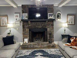 تلفزيون ذكي، مدفأة، كُتُب، مكتب