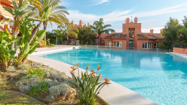 Ein Swimmingpool, umgeben von tropischer Vegetation und einem Gebäude mit markanter Architektur.