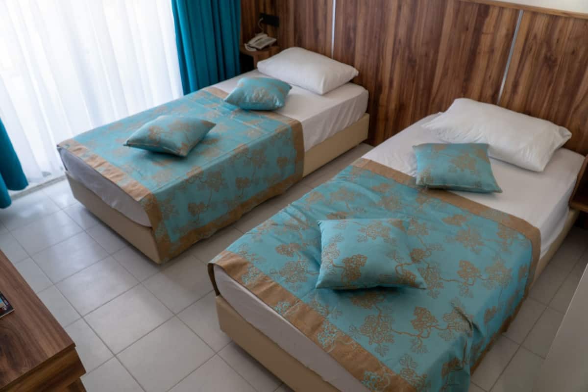 Una habitación de hotel con dos camas individuales, cada una con una colcha y almohadas estampadas.