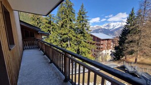 A wooden balcony with a view of snow-covered mountains and pine trees.