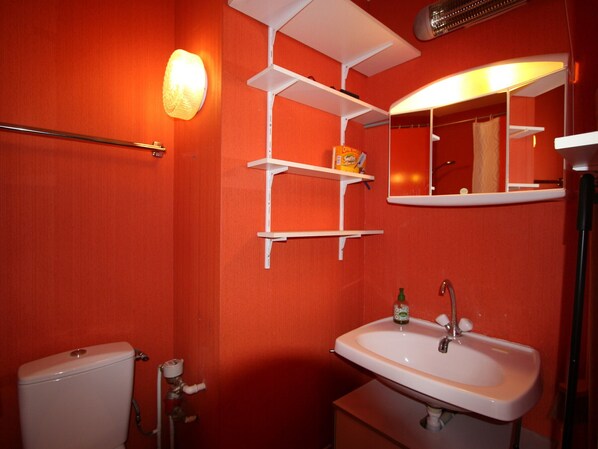 A bathroom with a white sink, a toilet, and shelves with toiletries.