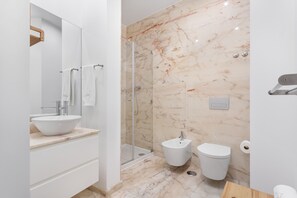 Shower, hair dryer, bidet, towels