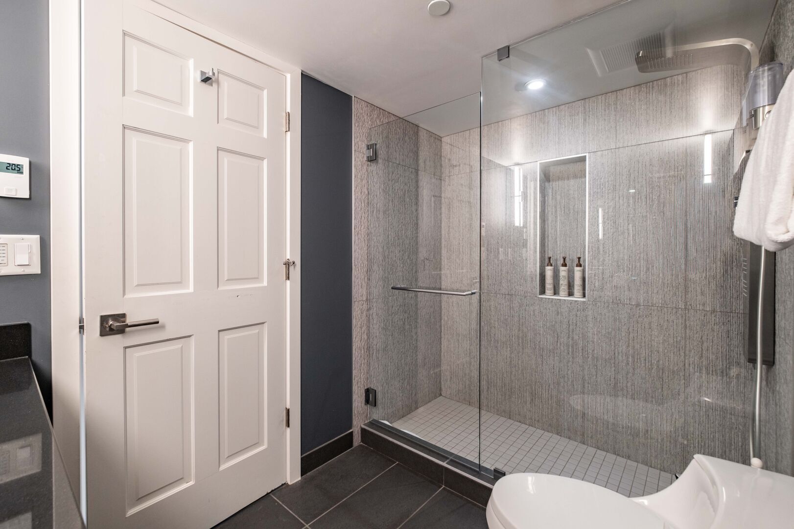 A modern bathroom with a glass-enclosed shower, a white toilet, and a door with a digital clock.