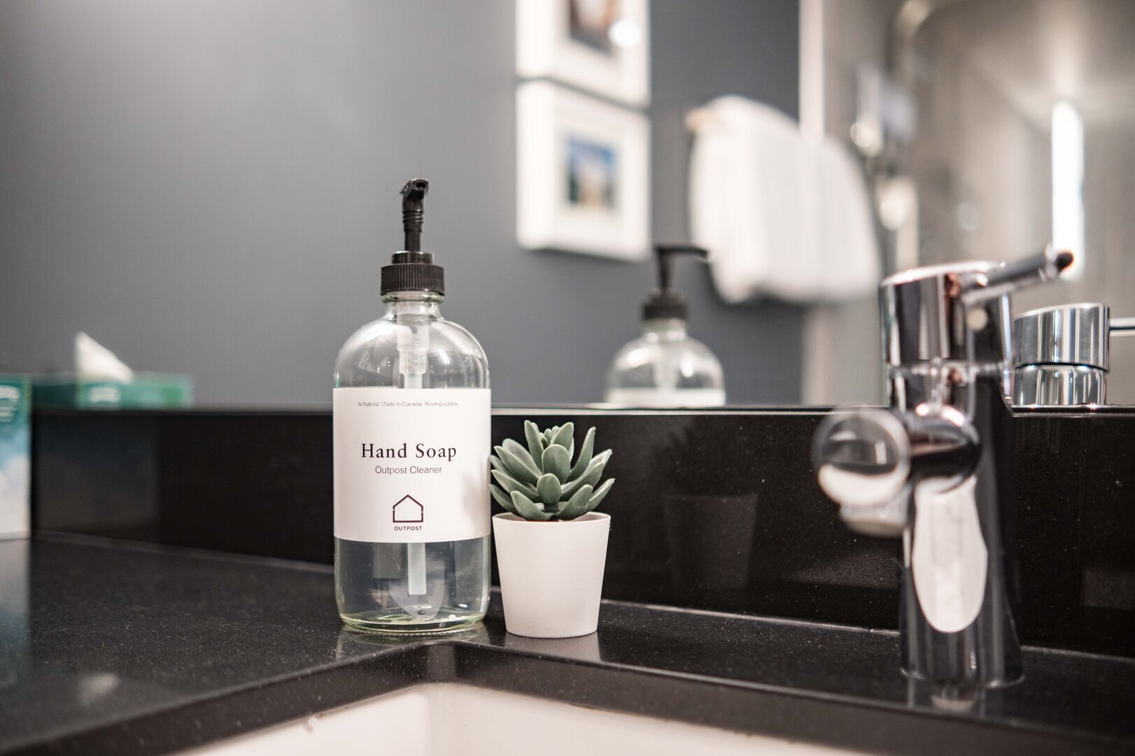 Un ripiano del bagno con una bottiglia di sapone per le mani, una piccola pianta in vaso e un asciugamani elettrico.